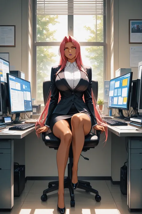 ingrid \(taimanin murasaki\), 1girl, solo, mature female, dark-skinned female, pink hair, long hair, hair intakes, sidelocks, purple lips, mole under mouth, yellow eyes, high definition eyes, detailed eyes, high gradient eyes, eyesHD, Makai Kishi, black bl...