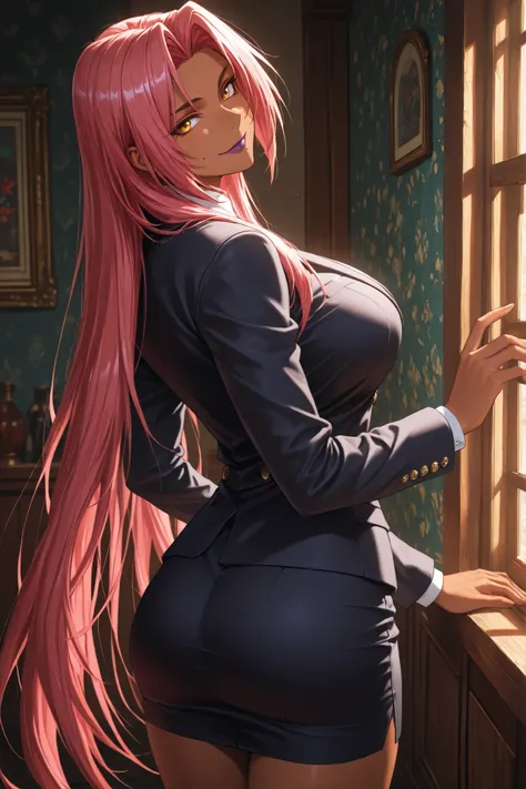 ingrid \(taimanin murasaki\), 1girl, solo, mature female, dark-skinned female, pink hair, long hair, hair intakes, sidelocks, purple lips, mole under mouth, yellow eyes, detailed eyes, Makai Kishi, black blazer, white shirt with buttons strictly buttoned u...