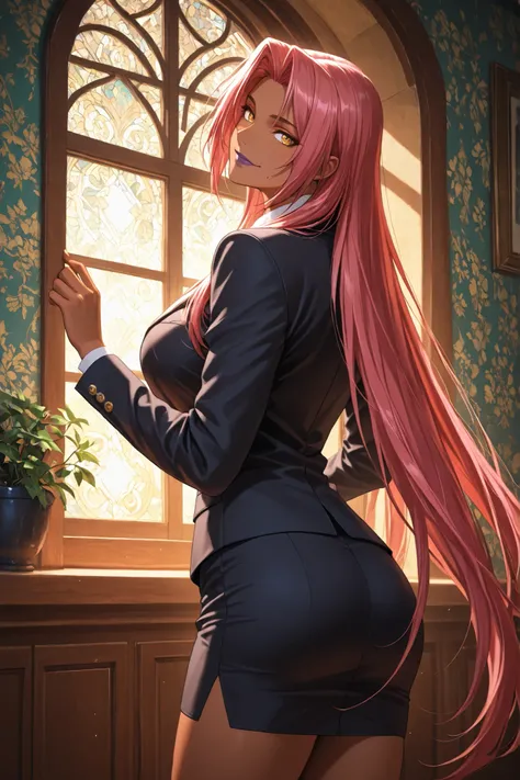 ingrid \(taimanin murasaki\), 1girl, solo, mature female, dark-skinned female, pink hair, long hair, hair intakes, sidelocks, purple lips, mole under mouth, yellow eyes, detailed eyes, Makai Kishi, black blazer, white shirt with buttons strictly buttoned u...