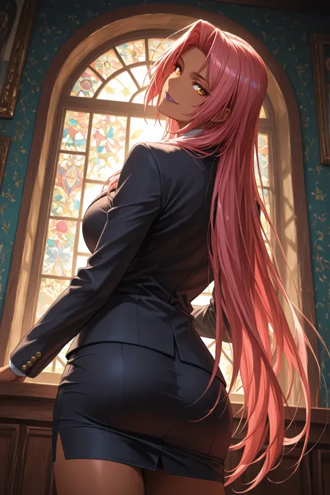 ingrid \(taimanin murasaki\), 1girl, solo, mature female, dark-skinned female, pink hair, long hair, hair intakes, sidelocks, purple lips, mole under mouth, yellow eyes, detailed eyes, Makai Kishi, black blazer, white shirt with buttons strictly buttoned u...