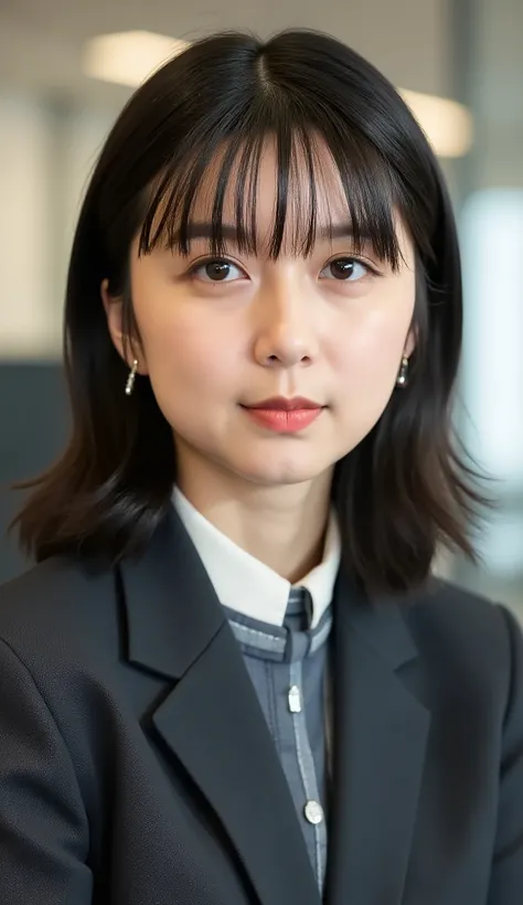 Neat Young Woman、looking at the camera、office lady suit、jacket、shirt、耳にピアス、、無表情、、face close-up、The background is office
