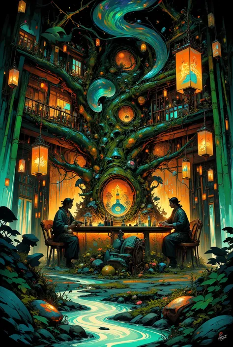 A cinematic, highly detailed wide shot of a hidden "Elf Izakaya" called "The Moon's Whisper" nestled in an ancient, misty bamboo forest at night. Warm light glows from paper lanterns illuminating the interior where walls are made of living tree roots inter...