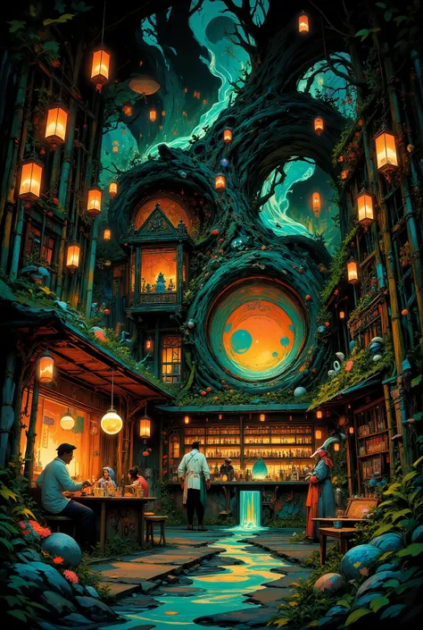 A cinematic, highly detailed wide shot of a hidden "Elf Izakaya" called "The Moon's Whisper" nestled in an ancient, misty bamboo forest at night. Warm light glows from paper lanterns illuminating the interior where walls are made of living tree roots inter...
