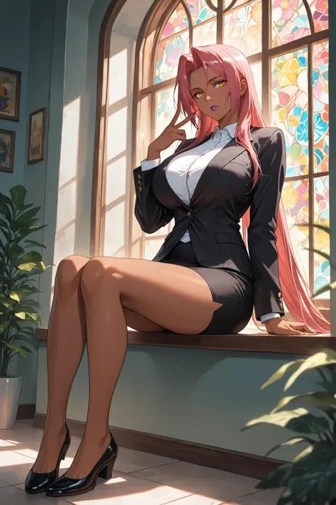 gesture, score_9, score_8_up, score_7_up, score_6_up, ingrid \(taimanin murasaki\), 1girl, solo, mature female, dark-skinned female, pink hair, long hair, hair intakes, sidelocks, purple lips, mole under mouth, yellow eyes, high definition eyes, detailed e...