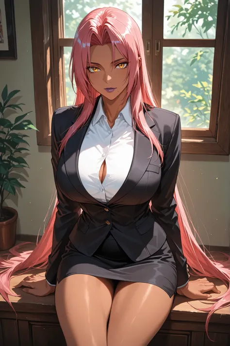 gesture, score_9, score_8_up, score_7_up, score_6_up, ingrid \(taimanin murasaki\), 1girl, solo, mature female, dark-skinned female, pink hair, long hair, hair intakes, sidelocks, purple lips, mole under mouth, yellow eyes, high definition eyes, detailed e...