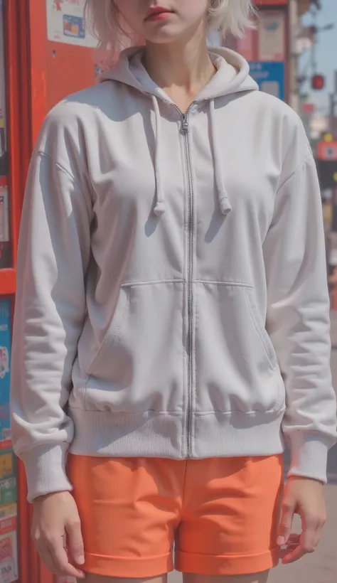 with a silver buckle A solid color with details, light background, stylish , Casual Clothes. 髪teeth比較的短く、just above the shoulder. ジャケットにteeth太い, 全体的な見た目teethリラックスしていて楽にかっこいい. ジャケットteethやや大きめ, with long sleeves that have elastic cuffs, and、Large side pocket...