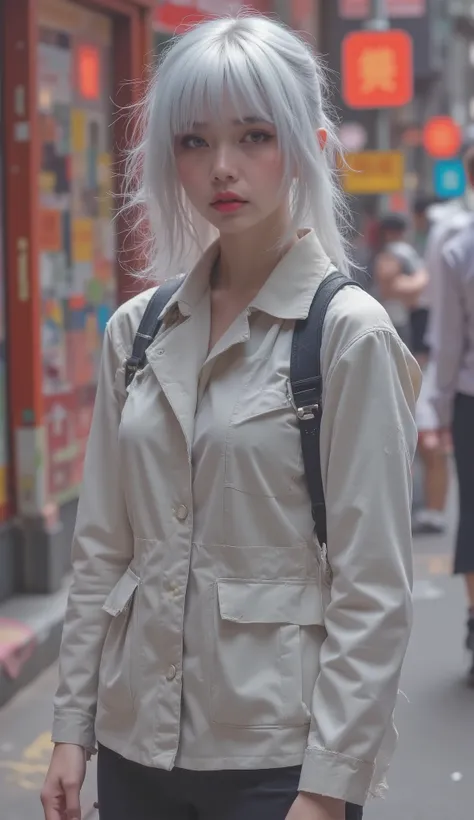 a woman wearing a hat and jacket with a backpack, 2 Tech Wear women, photograph of a Tech Wear woman, cyber future jacket, trench comments with many pockets, jacket, Tech Wear clothes, light gray, wearing japanese Tech Wear, comments, Tech Wear look and...