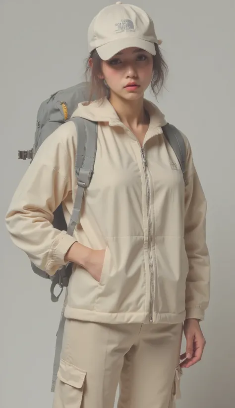 includes a loose beige jacket from The North Face brand、person wearing a stylish and practical outdoor ensemble, has a large front pocket, Has a zipper in the center, The hood has an adjustable drawcord. adjustable near the hem Pair it with beige cargo sty...