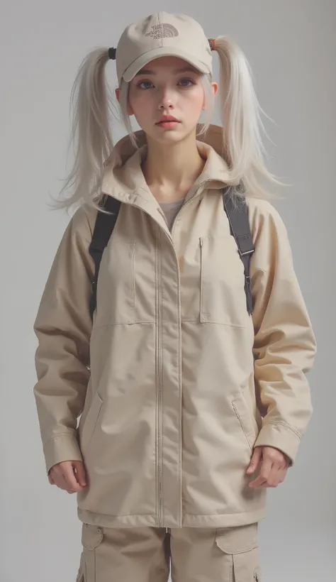 includes a loose beige jacket from The North Face brand、person wearing a stylish and practical outdoor ensemble, has a large front pocket, Has a zipper in the center, The hood has an adjustable drawcord. adjustable near the hem Pair it with beige cargo sty...