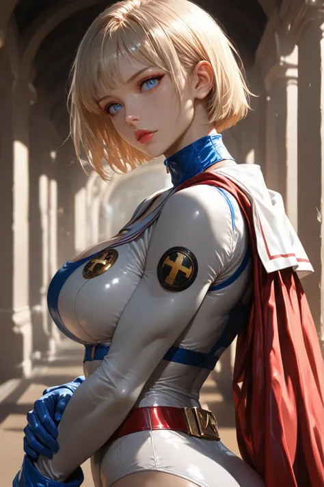 PonyXL_DC_powergirl_ownwaifu, shaft look, looking back, from behind, head tilt,1 girl, solo, blonde hair, blue eyes, big breasts, muscular woman, short hair, superhero, toned, red lips, makeup, lipstick, blue gloves, neckline, gold, high gym uniform, jewe...