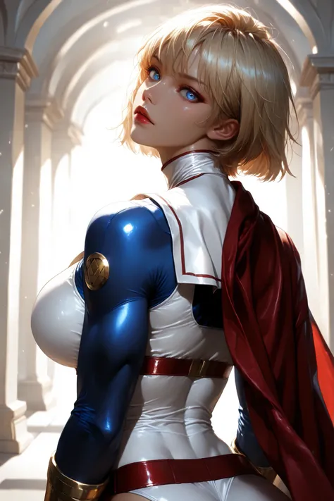 PonyXL_DC_powergirl_ownwaifu, shaft look, looking back, from behind, head tilt,1 girl, solo, blonde hair, blue eyes, big breasts, muscular woman, short hair, superhero, toned, red lips, makeup, lipstick, blue gloves, neckline, gold, high gym uniform, jewe...
