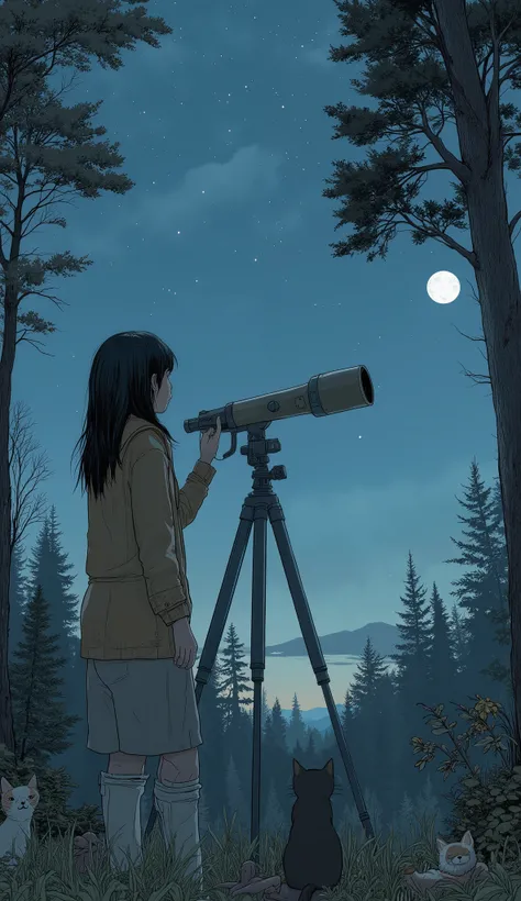 arafed woman looking through a Telescope at a forest, Telescope, Look Up at the Sky, low angle shot, low angle shot, Looking into the distance, The starry sky of, staring into the distance, Gazing into space, staring at the stars, staring into the distance...
