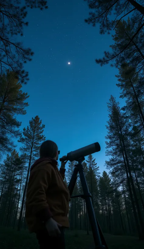 arafed woman looking through a Telescope at a forest, Telescope, Look Up at the Sky, low angle shot, low angle shot, Looking into the distance, The starry sky of, staring into the distance, Gazing into space, staring at the stars, staring into the distanc...