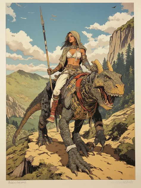 Multicolor woodcut. Designed by Phandigrams. Flat illustration. Highly aesthetic, highly detailed, two-dimensional, anatomically accurate, off-center composition, viewed from below.
A beautiful woman in a white bikini rides a bipedal dragon reminiscent of ...