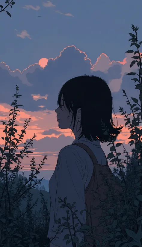 マルチパネル構成teeth、deeper twilight Color. 最初のパネルでteeth, shadow figure, with calm colors like the sky, teeth、This image has a fine balance between day and night, sinking behind a hill. calm as the sky, 遠くの街並みteeth、figure reappears. on the second panel, young wom...