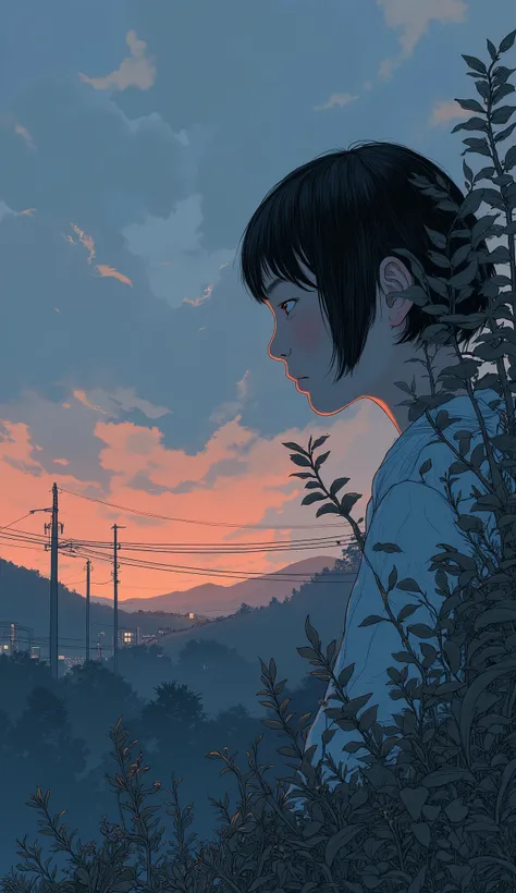 マルチパネル構成teeth、deeper twilight Color. 最初のパネルでteeth, shadow figure, with calm colors like the sky, teeth、This image has a fine balance between day and night, sinking behind a hill. calm as the sky, 遠くの街並みteeth、figure reappears. on the second panel, young wom...