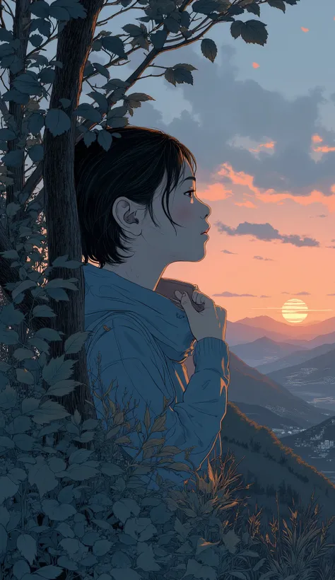 マルチパネル構成teeth、deeper twilight Color. 最初のパネルでteeth, shadow figure, with calm colors like the sky, teeth、This image has a fine balance between day and night, sinking behind a hill. calm as the sky, 遠くの街並みteeth、figure reappears. on the second panel, young wom...