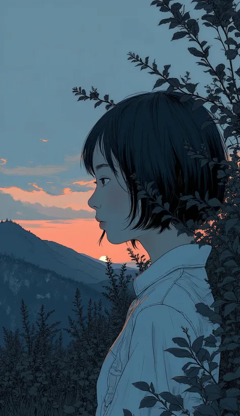 マルチパネル構成teeth、deeper twilight Color. 最初のパネルでteeth, shadow figure, with calm colors like the sky, teeth、This image has a fine balance between day and night, sinking behind a hill. calm as the sky, 遠くの街並みteeth、figure reappears. on the second panel, young wom...