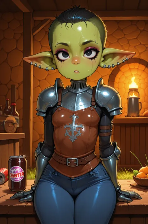 female punk, greasy rainbow very short hair, black eye , facial piercings, eye makeup, flat breasts, meduim hips, (goblin girl:1.0) (shortstack:1.0) (green skin:1.0) (medieval fantasy tavern:1.2), (zPDXL2, zPDXLxxx, score_9, score_8_up, score_7_up:1.2), r...