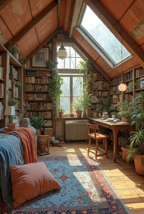 warm sunlight shines through triangular windows, Gently colored、traditional, bring life to good books. Large, wooden floors, red , Blue, 。on a cushion with a lap cushion with a texture similar to the fabric hanging on a daybed、serenity It exudes a sense of...