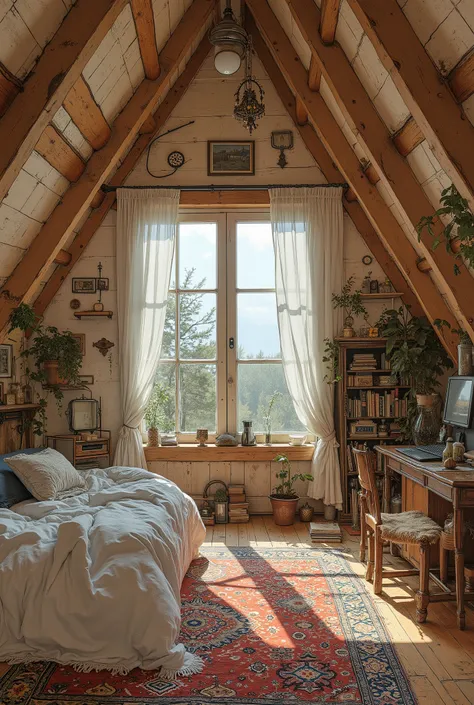 bed, Rugs, Arafed room with window and bookshelf, Cozy Place, Attic, A warm space, Cottage Core Hippie , Cozy Room, Warm Interior , Cozy atmosphere, cozy environment, Cozy atmosphere, Cozy atmosphere, Hippie Pad, natural light, Cozy atmosphere, Reading sp...