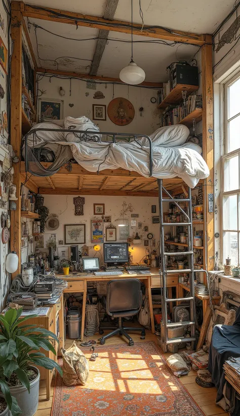 arraffed loft bed with desk and ladder in the room, art student apartment, Hippie Pad, messy maximalist interior, small, cozy student dorm room, Messy Room, in a messy bedroom, Photo of the loft interior, Morning loft photo , in Tiny Room, Tiny Room, Studi...