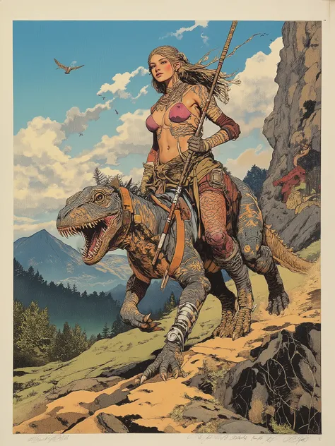 Multicolor woodcut. Designed by Phandigrams. Flat illustration. Highly aesthetic, highly detailed, two-dimensional, anatomically accurate, off-center composition, viewed from below.
A beautiful naked girl riding a bipedal dragon, reminiscent of a harnessed...