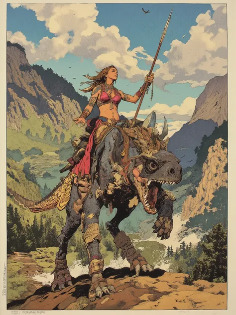 Multicolor woodcut. Designed by Phandigrams. Flat illustration. Highly aesthetic, highly detailed, two-dimensional, anatomically accurate, off-center composition, viewed from below.
A beautiful naked girl riding a bipedal dragon, reminiscent of a harnessed...