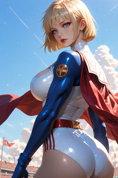 PonyXL_DC_powergirl_ownwaifu, shaft look, looking back, from behind, head tilt,1 girl, solo, blonde hair, blue eyes, big breasts, muscular woman, short hair, superhero, toned, red lips, makeup, lipstick, blue gloves, neckline, gold, high gym uniform, jewe...