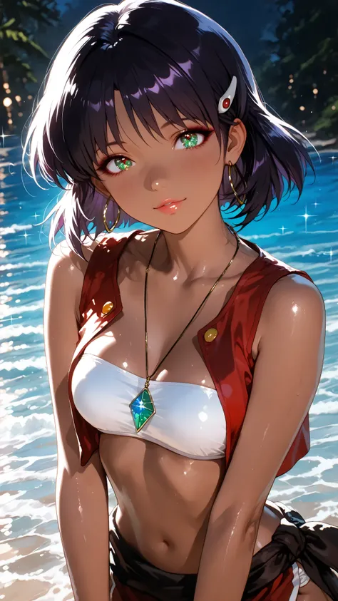  1 beautiful girl,Beautiful colored light, Sparkle in the eyes, glossy lips, slender body, Sensual Body, Beautiful skin that repels water,Tranquil standing in natural light,Sandy coast, High Quality, Realistic Portraits,realistic texture,Precise Depiction,...