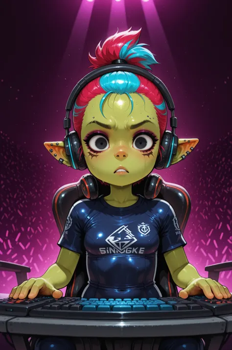 female punk, greasy rainbow very short hair, black eye , facial piercings, eye makeup, flat breasts, meduim hips, (goblin girl:1.0) (shortstack:1.0) (green skin:1.0) professional gamer girl focused during eSports competition, sitting in an ergonomic gamer...