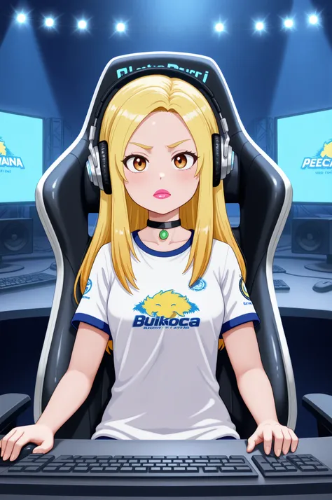 Francine Smith, looking at viewer, pink lipstick, choker, Blonde hair, small saggy breasts. long hair.| professional gamer girl focused during eSports competition, sitting in an ergonomic gamer chair, wearing professional headphones, determined expression,...
