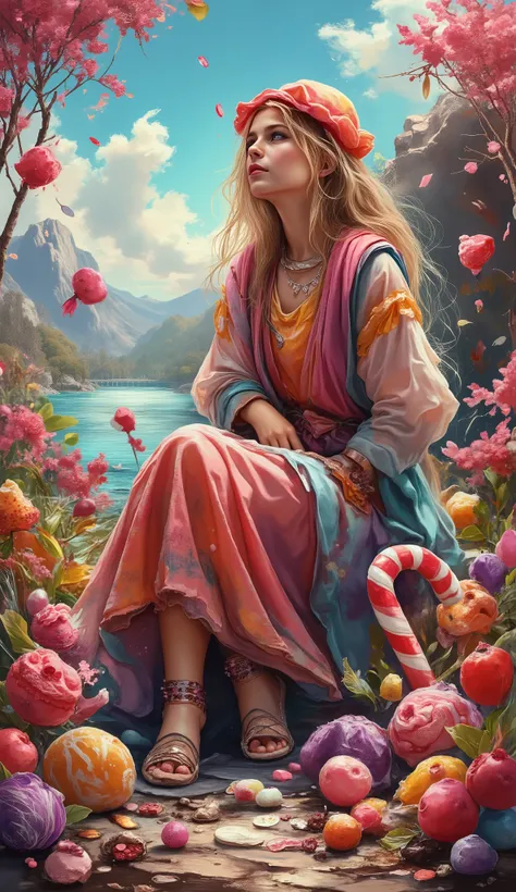 A girl with blond hair wearing clothes made of sweets sits on a large cane, in the background a lake of chocolate in land