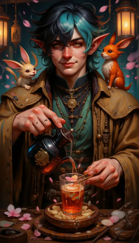 An epic, highly detailed character portrait of the main protagonist, an elf bartender in a hidden Izakaya. He has an asymmetric hairstyle (black and neon teal) and heterochromatic eyes (amber and moonstone). He wears a worn Japanese haori with a softly pul...