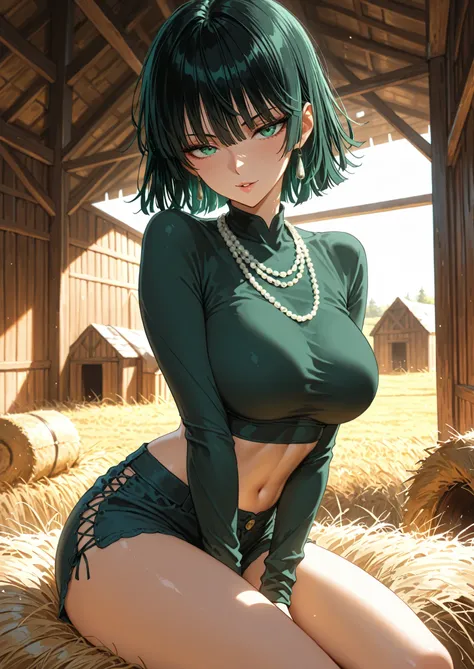 1girl, solo, fubuki \(one-punch man\), one-punch man, crop top, shorts, naturally sagging large breasts, sitting on hay, barn, medieval fantasy farm, seductive, sexy pose, alluring atmosphere, cinematic lighting and shadows, beautiful lighting and shadows,...