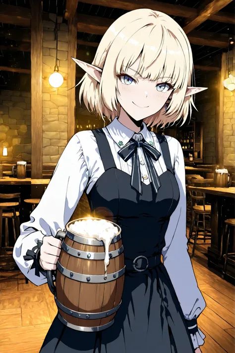 1 elf girl holding a beer keg ,Blonde ,Focus on elf attire、、Beautiful blue eyes 、detailed eyes 、 flushed 、Asian glow、cute faces getting creampied, watercolor, , anime style4K, 、provocative smile、
medium hair, dramatic lighting、bright color、 Strong Brushw...