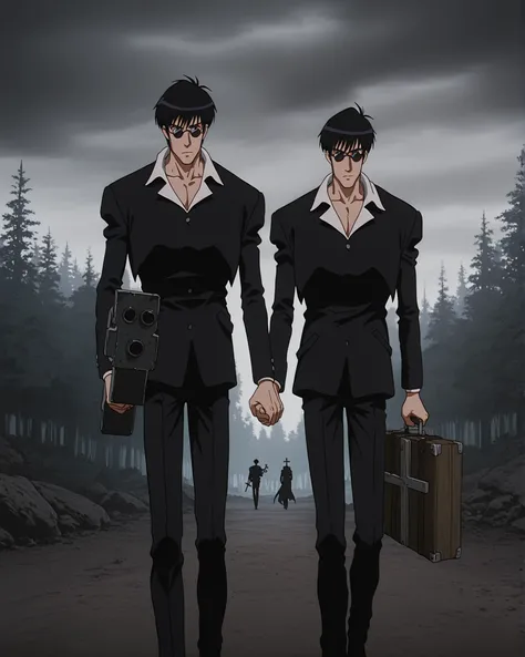 Two people traveling through the wilderness, walk side by side, 1male, Nicholas D. Wolfwood_Trigu, Carrying a large cross on his right hand, T, realistic, cinematic lighting, dramatic atmosphere, lush forest, mossy rocks, overcast skies, moody lighting, 8K...