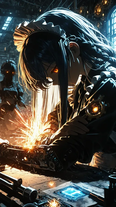 (masterpiece:1.2, Best Quality), C7b3rp0nkStyle, ((very long bangs, hidden face, face hidden by hair)), head tilt, looking up, beautiful face, long sidelocks framing face, long swept bangs, dark blue hair, messy hair, braid, orange eyes, glowing eyes, ((ho...