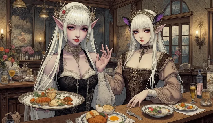 (The fusion of ukiyo-e and dark fantasy. Aesthetic, gothic-style digital art. Detailed facial rendering. Two female elves.) BREAK
(Translucent white hair. Straight-across bangs. White eyebrows. Long white eyelashes. Almond-shaped eyes. Lavender-colored ir...