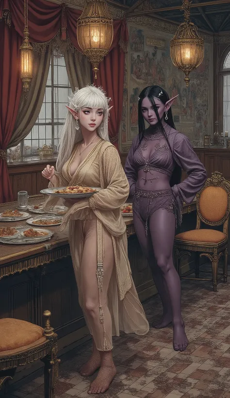 (The fusion of ukiyo-e and dark fantasy. Aesthetic, gothic-style digital art. Detailed facial rendering. Two female elves.) BREAK
(Translucent white hair. Straight-across bangs. White eyebrows. Long white eyelashes. Almond-shaped eyes. Lavender-colored ir...