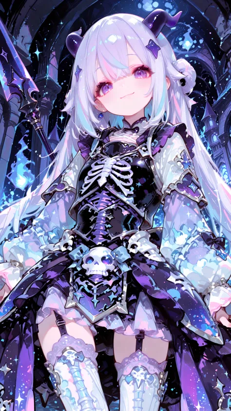 Cute Armor with Skeleton Design、Purple Eyed Demon Girl、small horn、Smile Yan、Comical Skeleton Dragon Kid、Blue Little Fire、Halberd That Seems to Break、Magic Cave、Glitter Effects、little character style、pastel gothic