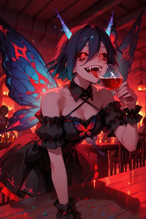 blue wings, butterfly wings, off-shoulder dress, black dress, bare shoulders, short sleeves, wrist cuffs, hair ornament, criss-cross halter,vanya,wings,kakugan, red eyes, black sclera,gradient kagune,two kagune,ukaku,yandere,glowing eyes, wide smile, sharp...