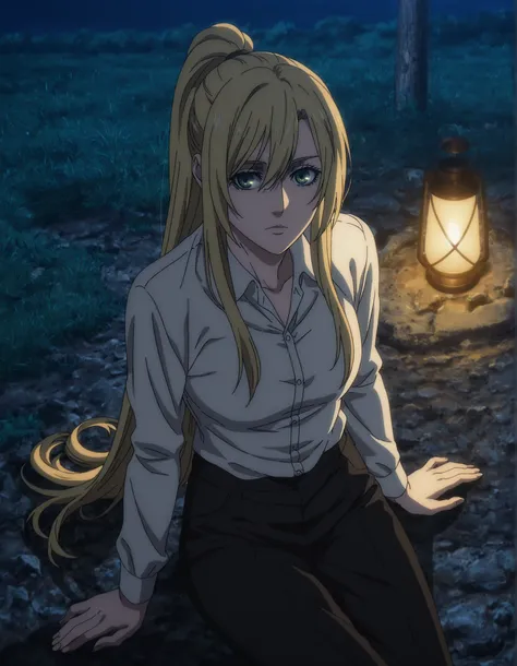anime coloring, anime screencap, ((tall girl:1.5)), (aged up:1.5) ,1girl, solo, semi long hair, blond hair, (high ponytail),(long sidelocks) ,looking at viewer, green eyes, black pants, dress shirt ,yokozuwari, ,(flat chest), outdoors, ,(, night),lamp, ma...