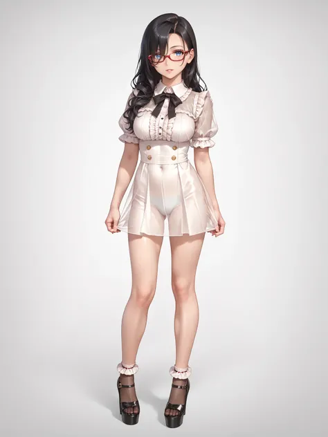 ((inspired by )),((inspired by Animation Style:1.5)),(masterpiece, best quality),beautiful, beautiful-woman, ((detailed face)).(full body:1.3)., 
((black hair)), glasses, blue eyes, long hair, over-rim eye-wear,semi-rimless eye-wear, between eyes .(red-fra...