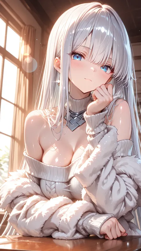 ((masterpiece:1.5、8k、table top、Portrait、 very detailedなCG、 very detailed、particle effect、dynamic effects、Drawing Boundary Depth、 cinematic lighting 、lens flare、ray tracing、table topをつまむ、ultra high res:1.2))((1girl、girl wearing a white fur coat over an off-...