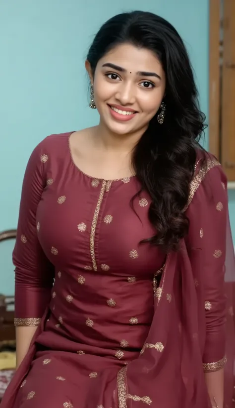 Beautiful skinny slim healthy round face indian very white skin curvy milf wife with long messy curly hair smirking look, perfect breast, simple small black dot bindhi, broad shoulder, big hip, big ass, thick thighs, woman wearing short silk maroon kurti g...