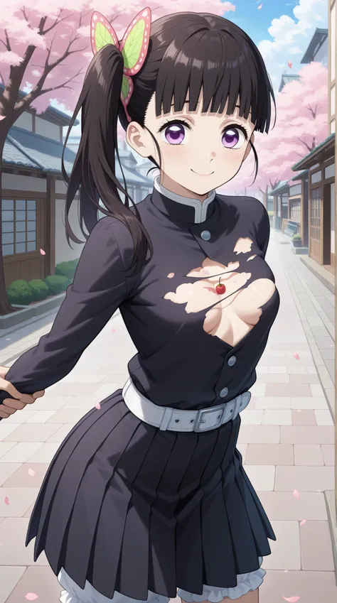 Highest Quality, Good quality, great quality while hiding from passengers, Very Aesthetic, absurd, masterpiece, 1girl, I have a sane , long hair, dark haired, Side Ponytail, hair ornaments, snap bangs, purple eyes, medium chest, black shirt, long sleeves, ...