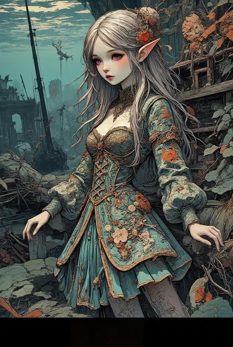 A young mermaid with porcelain skin and platinum hair, flowing , like moonlight, floats in the water column. Her tail, shimmers with mother-of-pearl, and her wonderful tunic dress, Seems, are woven from the depths of the sea: they resemble a bizarre jelly...