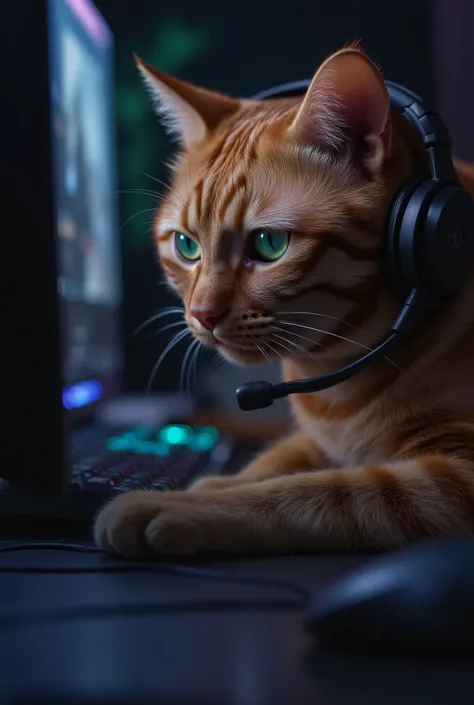 Hyperrealistic photo of a ginger tabby cat as a professional e-sports player. The cat is intensely focused, his paw on a gaming mouse, one click from victory. His bright green eyes reflect the monitor's glow. Wears a tiny black headset. Dramatic RGB lighti...