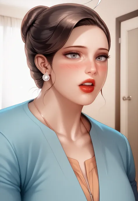 masterpiece,best quality,highly detailed,(photo realistic, hyperrealistic),mrs_ahn, 1girl, natural lips, single hair bun,waring indian saree, hotel room,posing,blush, morning face,full body show, wear, sexy underswear, tongue, full body view,